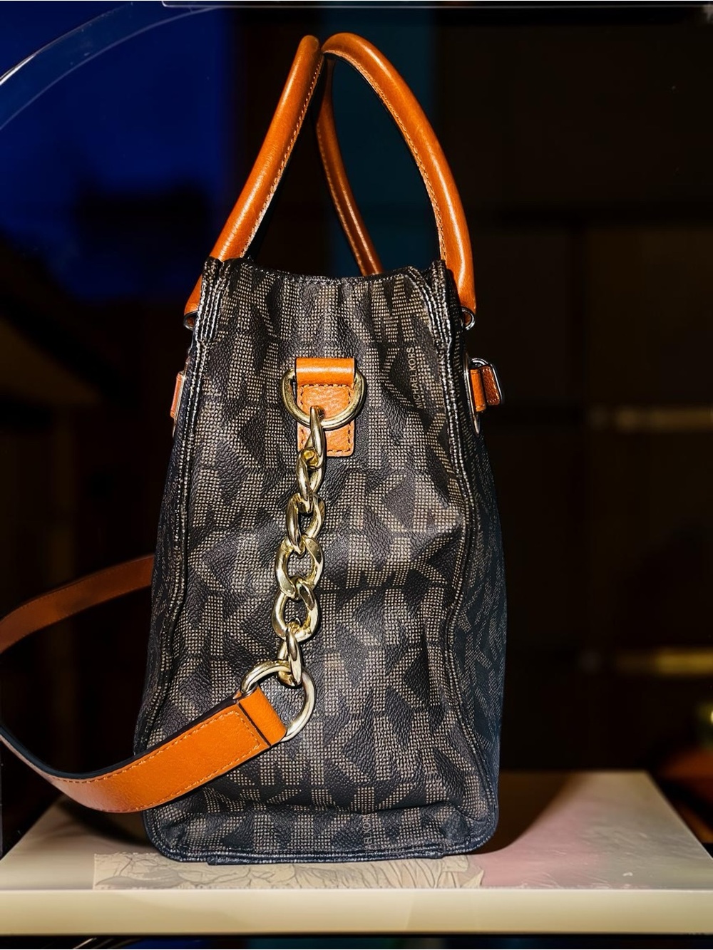 Michael Kors Hamilton Signature Logo Large Tote Bag Brown Tan Gold Like New - Picture 5 of 15